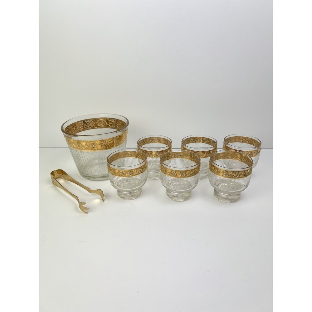 Vintage Gold Gilt Ice Bucket 6 Tumbler Glass Set Mid Century Culver Inspired